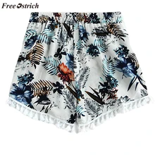 Свободные женские шорты со страусиным цветочным принтом, со средней посадкой, с бахромой, для пляжа, путешествий, для отпуска, в богемном стиле, свободные шорты для прогулок