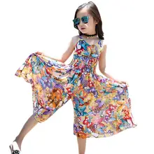 Детское платье для девочек летние без рукавов с цветочным принтом на бретельках сиамские штаны богемное платье для девочек, одежда