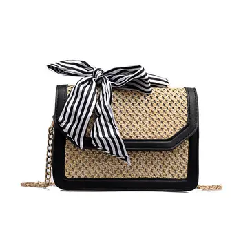

Rattan hand-woven women's straw bag new bohemian silk scarf bow fashion shoulder bag beach handbag