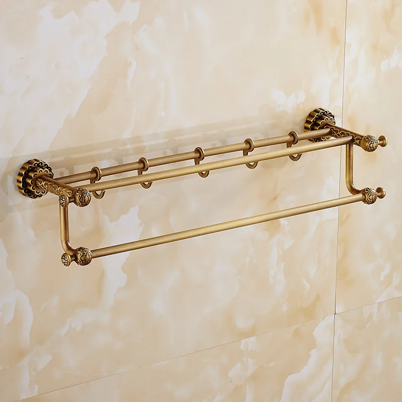 Vidric Towel Bars Solid Brass 2 Rails 5 Towel Hooks Bathroom Shelf