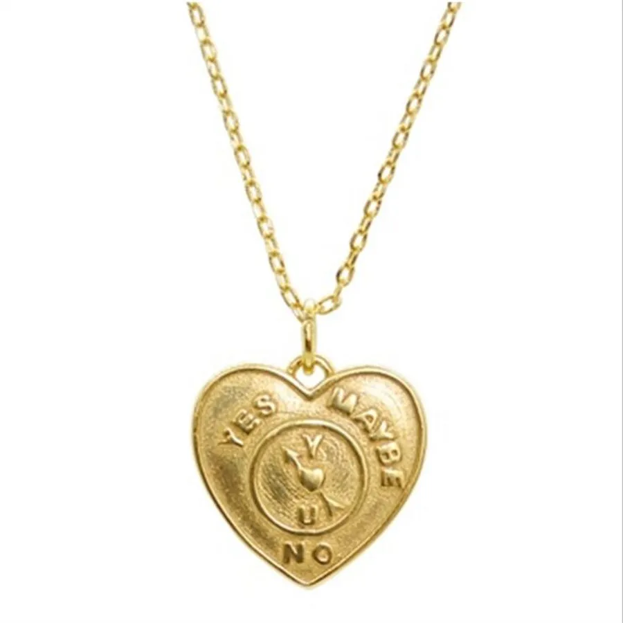 

YIKUF88 Vintage Love Necklace S925 Sterling Silver 18K Gold Geometric Letters Old Embossed Heart Shaped Clavicle Chain