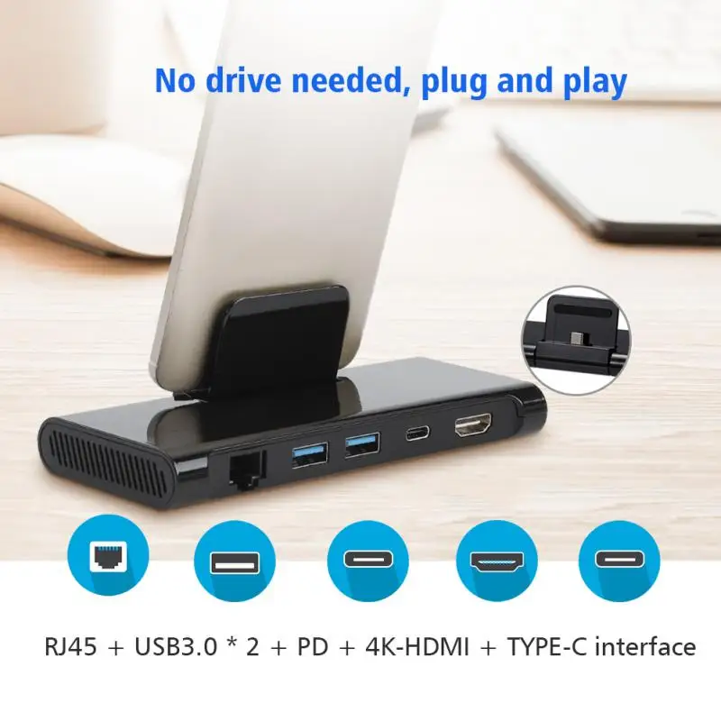 

TYPE-C to HDMI RJ45 USB3.0 PD 4K HDMI Converter Dock Phone Folder for Samsung/Huawei
