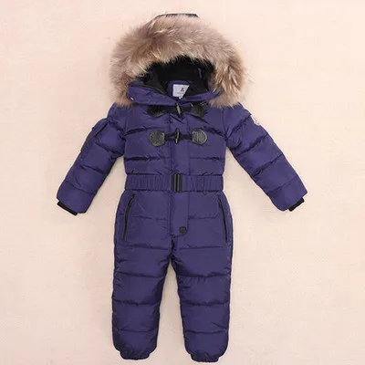 Детский Зимний лыжный костюм Одежда для маленьких мальчиков и девочек ветрозащитная теплая куртка для девочек, детские плотные пальто комбинезон на белом утином пуху - Цвет: Тёмно-синий