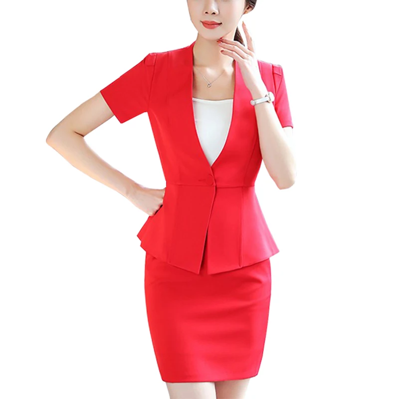

New Fashion Women Skirt Suits Set Business Formal Short Sleeve Patchwork Blazer And Skirt Office Ladies Plus Size Work Uniforms