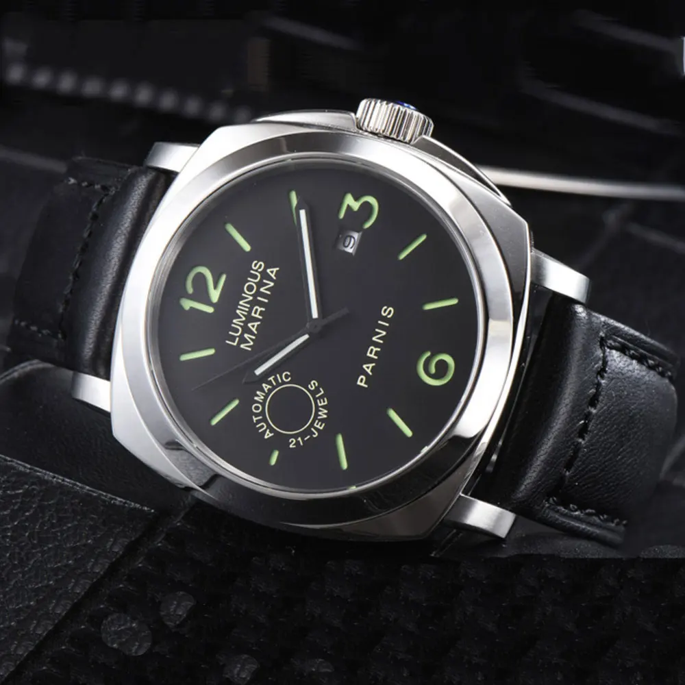 Роскошные PARNIS Commander Seriers светящиеся мужские кожаные часы для часов 21 Jewels Miyota автоматические механические наручные часы