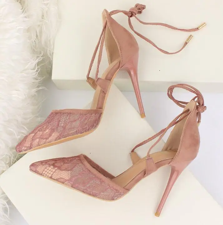 

Sexy Pink Lace Pointed Toe Pumps Women Shoes Cut-out Lace-up Banquet Ladies Dress Shoes Thin Heels Women Shoes High Heels