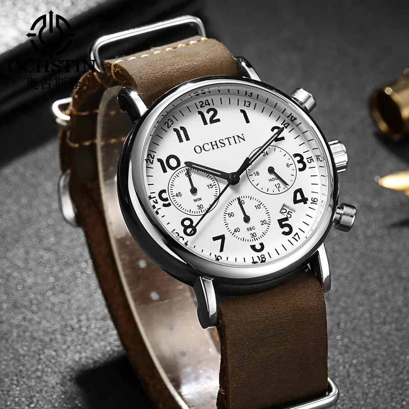  OCHSTIN Military Watches Men Quartz Analog Chronograph Date Leather Clock Man Sports Watches Army W