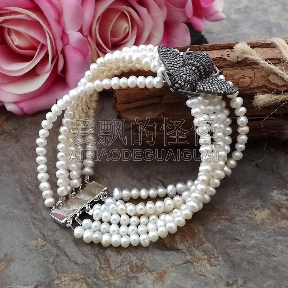 

Women's 6 Strands 8" White Pearl CZ Pave Bee Bracelet