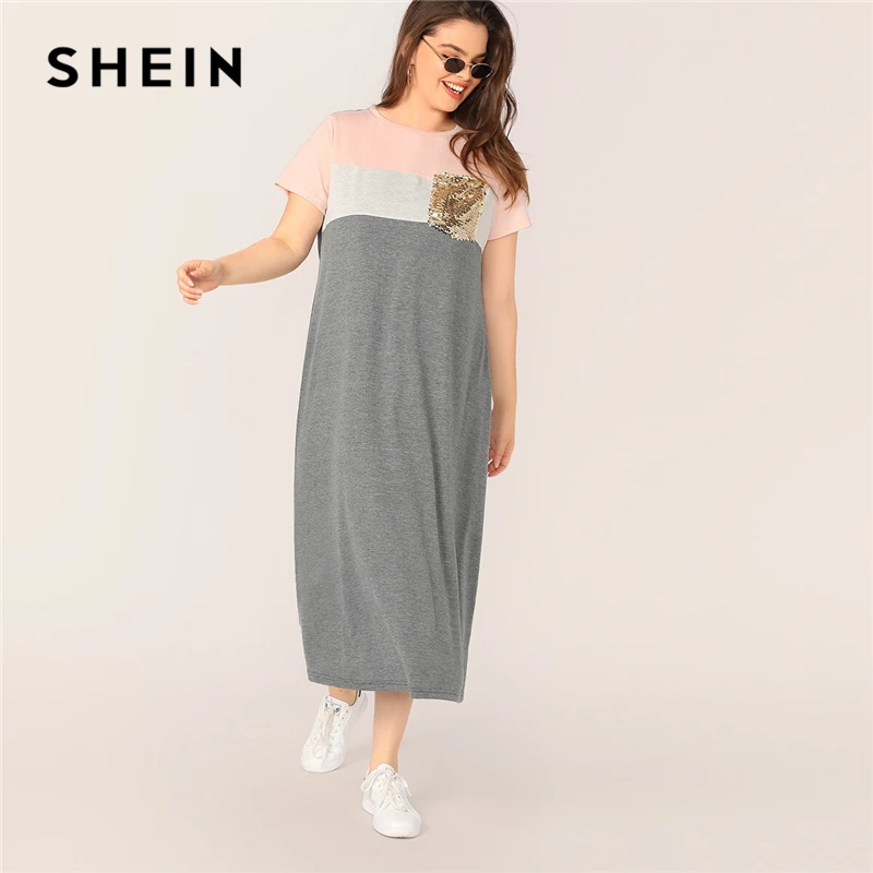

SHEIN Plus Size Multicolor Sequin Pocket Patched Colorblock Tunic Long Dress Women Summer Straight Plus Casual Shift Dresses