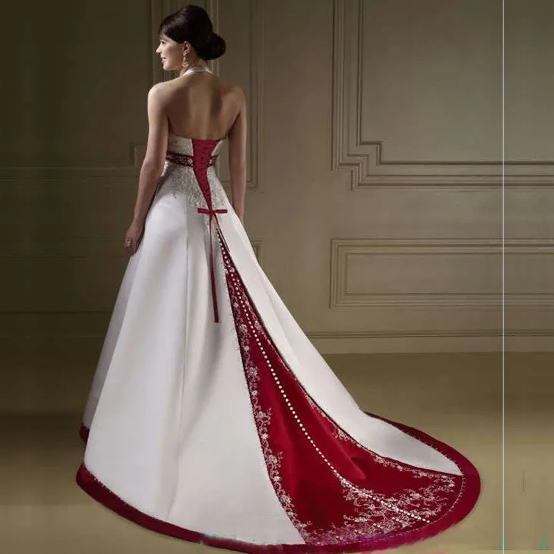 Halter White And Red Embroidery Wedding Dress 2019 Lace-up Wedding Gowns Bride Dress Vestido De Novia Robe De Soiree Vintage Halter White And Red Embroidery Wedding Dress 2019 Lace-up Wedding Gowns Bride Dress Vestido De Novia Robe De Soiree Vintage