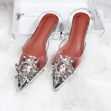 ПВХ прозрачный Для женщин; босоножки в форме лодочки с украшением в виде кристаллов; туфли на квадратном среднем ботинки на каблуках Стразы острый носок Для женщин свадебные туфли для подружки невесты