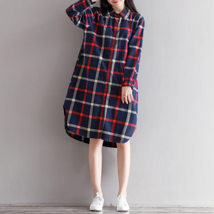 

Spring Autumn Vintage Dress 2018 New Fall Women Long Sleeved Loose Red Plaid Shirt Dresses Female Vintage Vestidos with Pockets