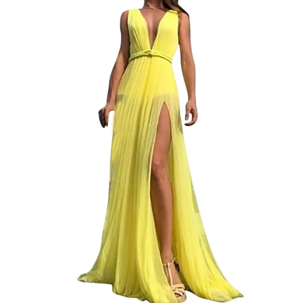 

Ankle-Length Women Sexy Club V-Neck Backless Yellow Dress Vestido De Festa Longo Sleeveless Fork Opening Full Dress #0516