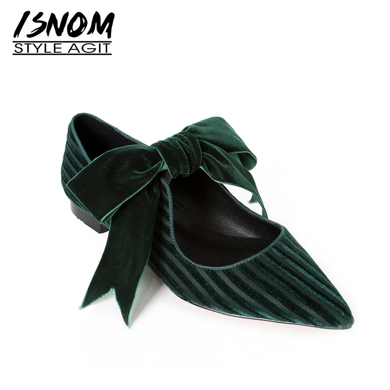 

ISNOM Pleuche Flats Women Pointed Toe Butterfly Knot Footwear Flat Sole Female Shoes 2019 Spring Flat Woman New Green