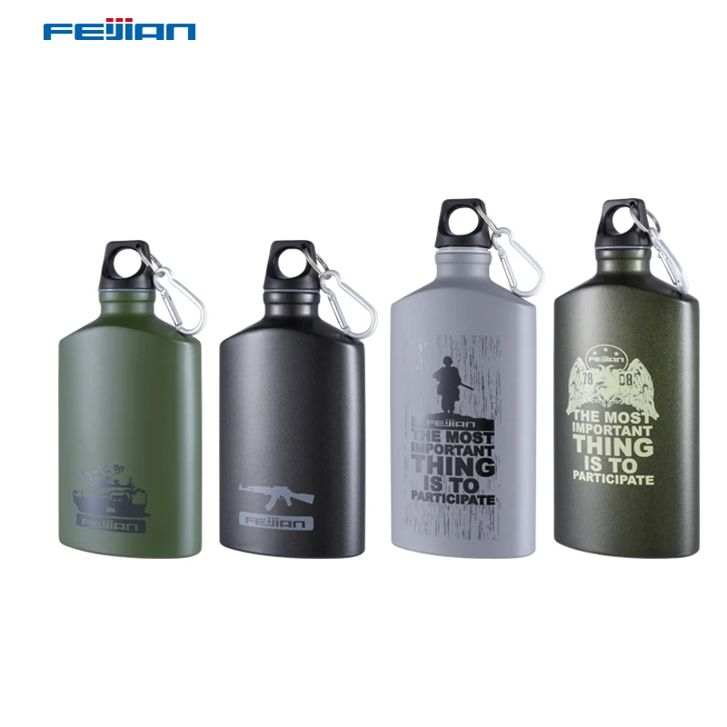 

FEIJIAN Outdoor Sports Water Bottle Lightweight Aluminum Flask Leak-proof Military Canteen Oval Kettle Loop Lid Narrow Mouth