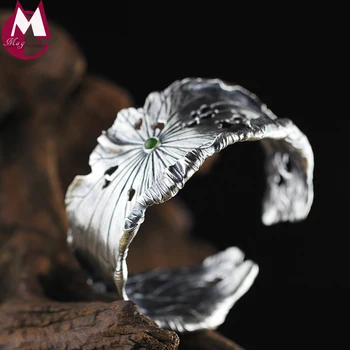 

Handmade Lotus Leaves Bracelet For Women Hyperbole Hollow Lotus Seedpod Leaf Jasper Bangle Real 990 Sterling Silver Jewelry SB56