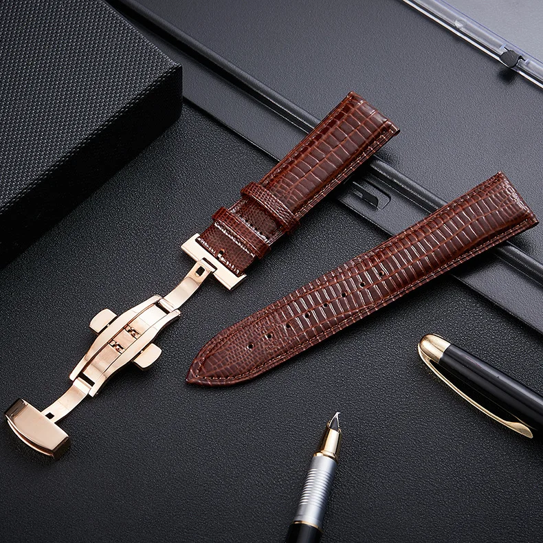 Black Brown Lizard Pattern Genuine Leather 12 14 16 18 20 22 24 MM Watche Band Strap Belt Watchband Folding Clasp Watchband - Цвет ремешка: Коричневый