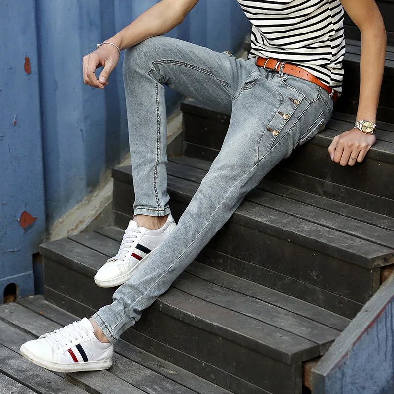 Preppy Style Spring 2019 Mens  Denim Skinny Jeans Solid With Button