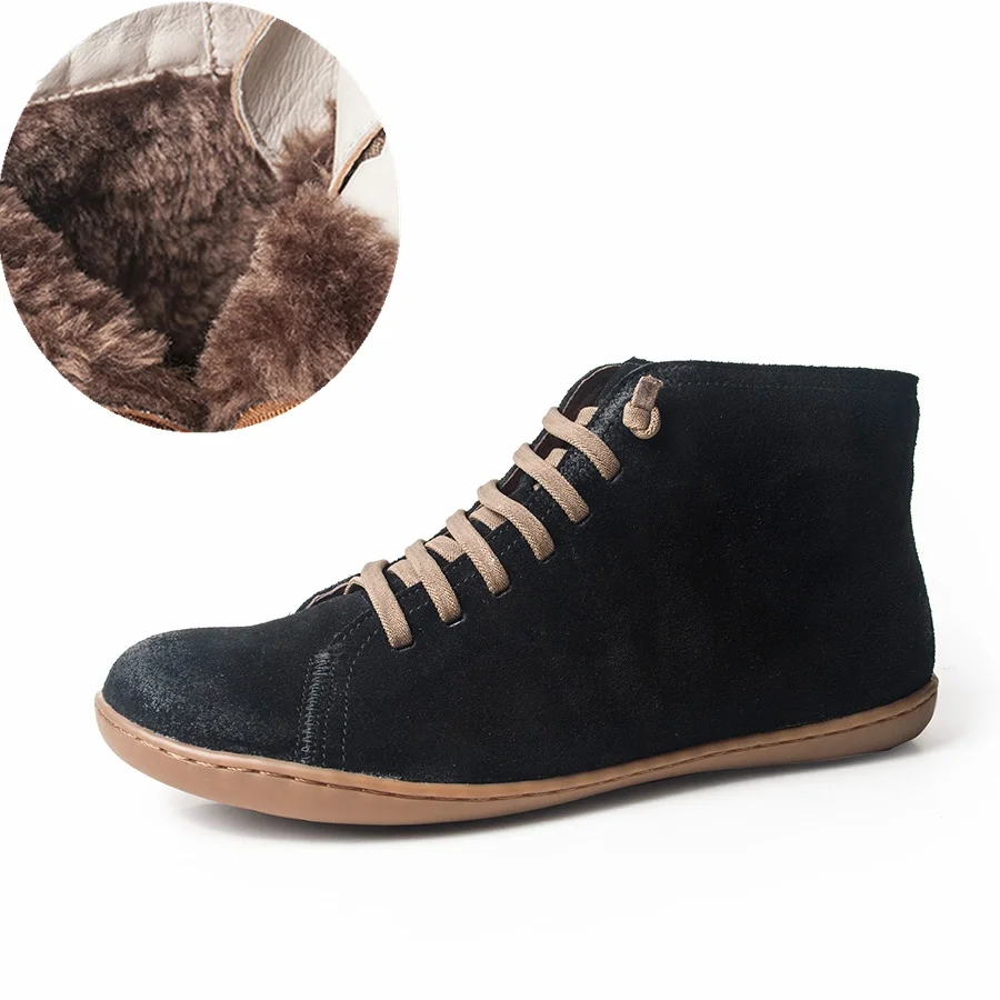 black suede fur Мужские зимние ботинки из натуральной кожи, Весенняя мужская обувь на плоской подошве, короткие коричневые ботинки с мехом, мужские ботинки на шнуровке - Цвет: black suede fur