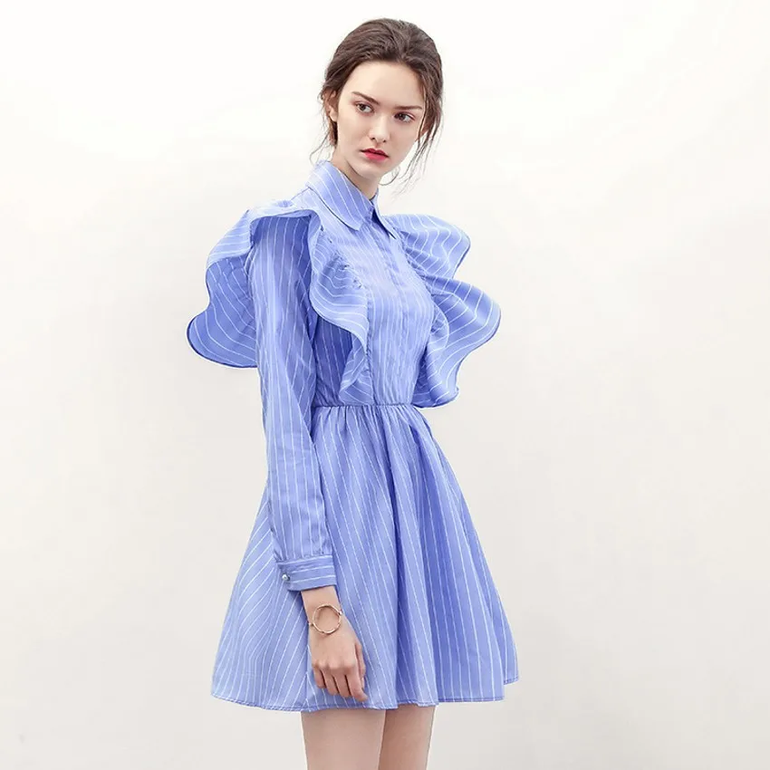2019 Mini Shirt Dress Womens Autumn Spring Long Sleeve Ruffle Casual Ladies Tops