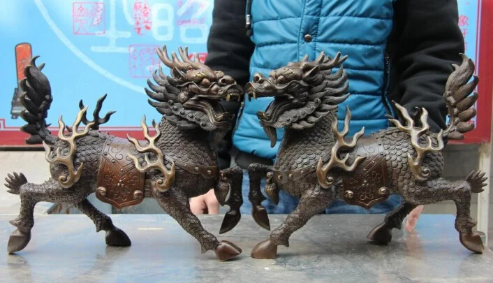 

Palace Pure Copper Feng Shui Evil Fu Foo Dog Lion Dragon kylin Kirin Statue Pair