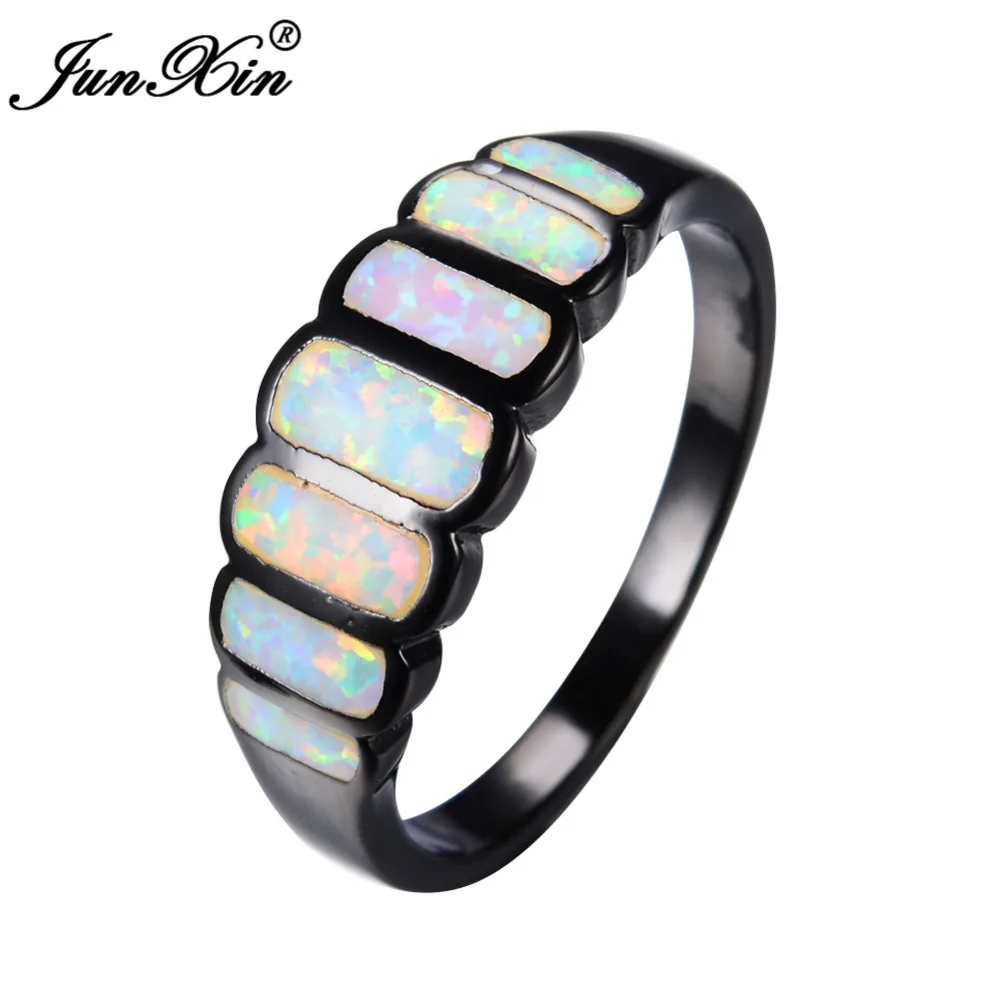

JUNXIN New Sale Geometric Design White Fire Opal Ring Black Gold Ring Vintage Wedding Rings For Women Fashion Jewelry