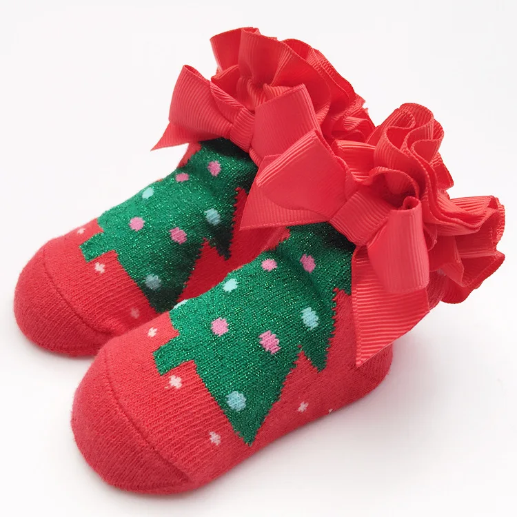 Новые рождественские детские носки кружевные носки с бантиком и деревом, красные хлопковые носки одежда для малышей Аксессуары для девочек и мальчиков, vestido infantil, на возраст от 0 до 24 месяцев - Цвет: Christmas Tree
