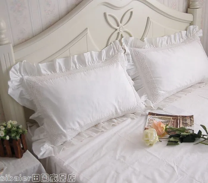 2pcs Ruffle lace white cotton pillow case,2pcs sham cover,ruffle