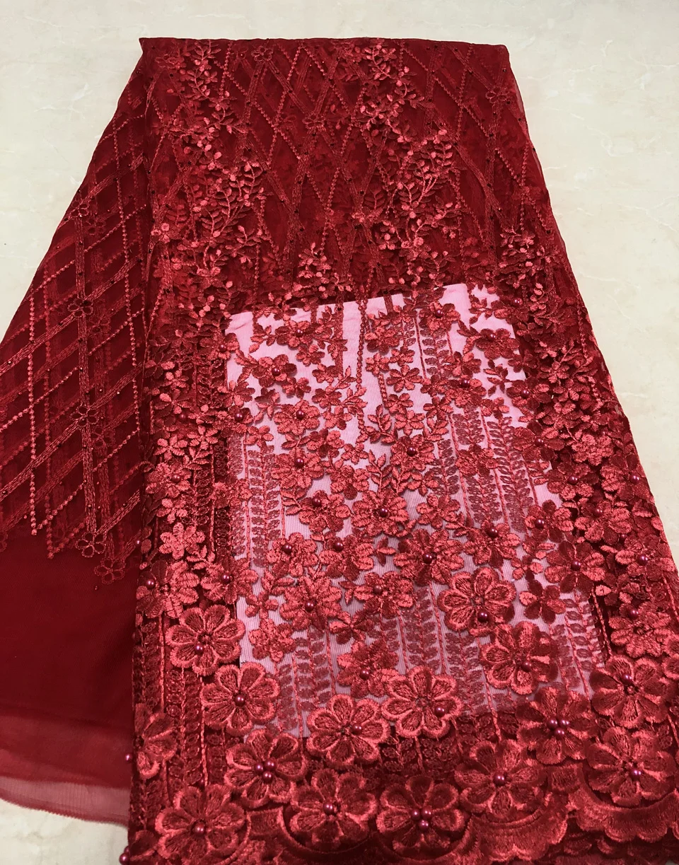 

African Beaded Lace Fabric 2018 High Quality Lace Material Wine French Lace Fabric Nigerian Tulle Mesh Lace Fabrics ALC-ZJ068