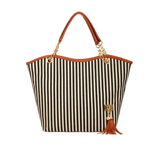 

2017 New Striped Canvas Handbag Women Shoulder Bags Beach Bag Fashion Zipper Tassel Women Handbag Big Tote Bag