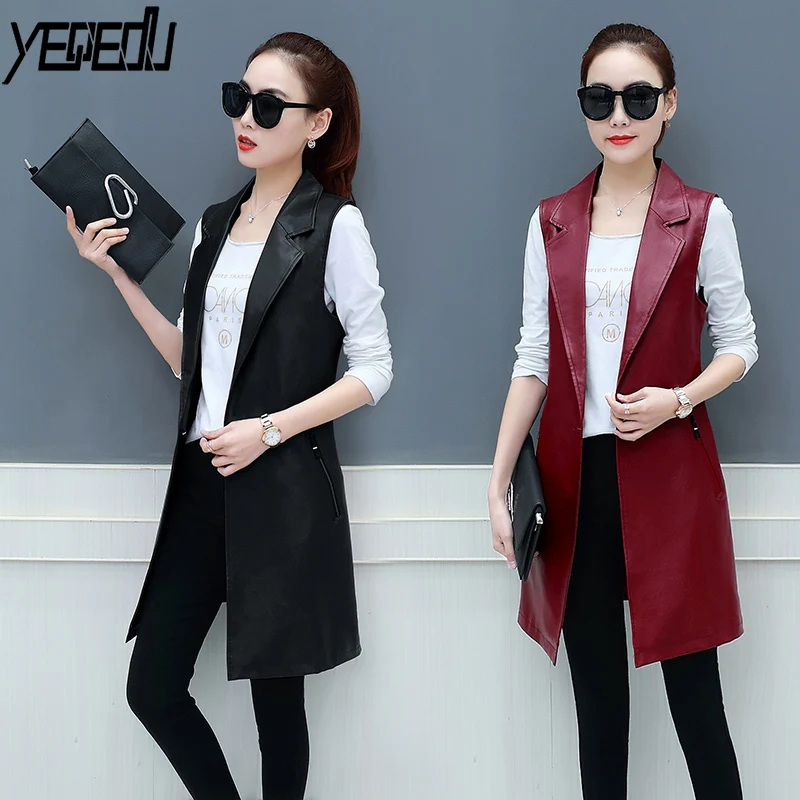 #0712 Spring Faux Leather Blazer Vest Womens Long Slim Fit Waistcoat Plus Size 3XL PU Sleeveless Jacket Suit Vest Woman Elegant