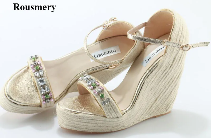 

Rousmery New Fashion Women Open Toe Rhinestone High Platform Wedge Sandals Grass Bottom Crystal Wedge Sandals