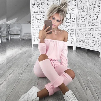 New 2017 Jumpsuits Autumn Long Style Drawstring Tie Waist Women Hole Jumpsuit Off the Shoulder Long Sleeve Solid Slim Rompers