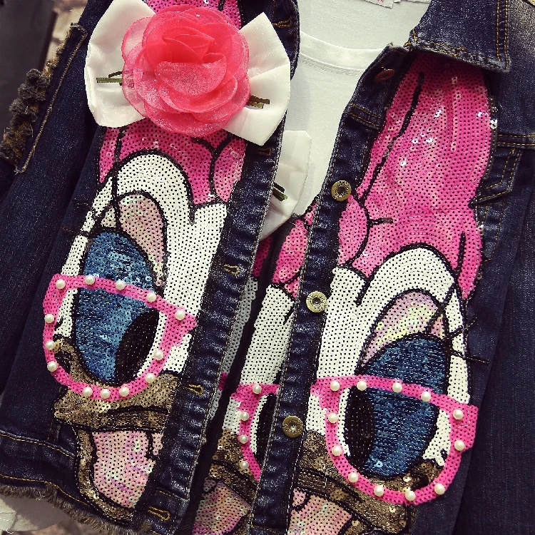 wonderful  Students Short Denim Jacket Coats Spring Winter Women New Fashion Pearl Pink Sequin Long Sleeved Je