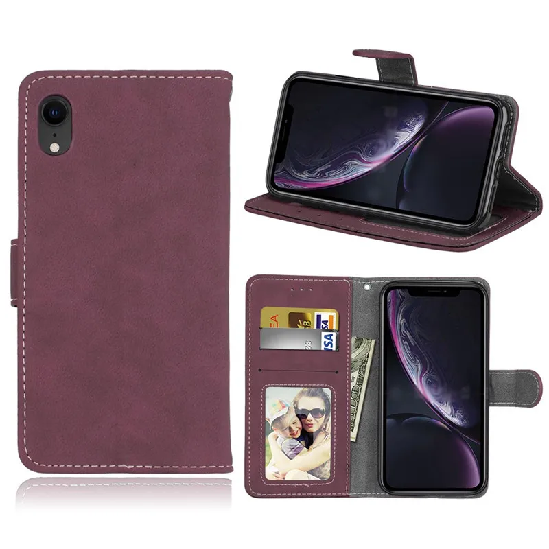 

For iPhone XR Case Cover Retro Matte Wallet Filp Stand PU Leather With Photo frame Card slot function