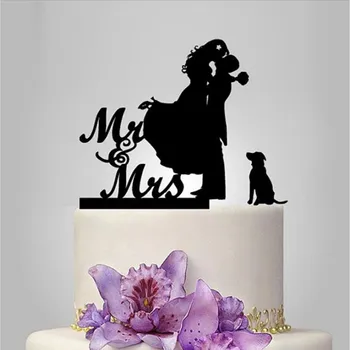 

Free Shipping Bride & Groom Cake Topper Monogram Cake Stand Funny Acrylic Cake Topper with Pet Dogs Wedding Decors