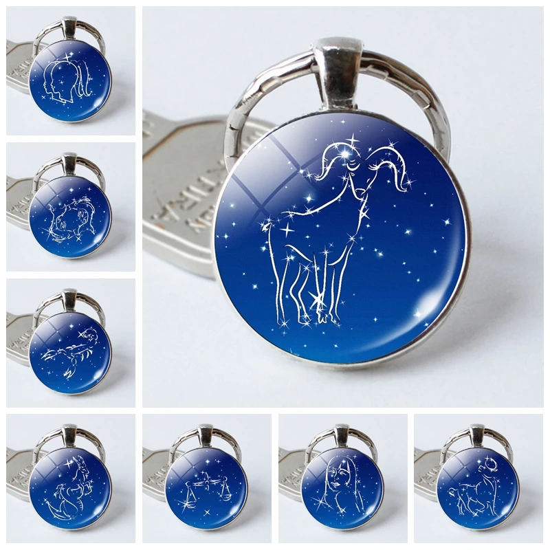 

Christmas Birthday Gift Cute Blue 12 Constellations Zodiac Signs Cabochon Keychains Leo Aries Sagittarius Key Chains Rings Round
