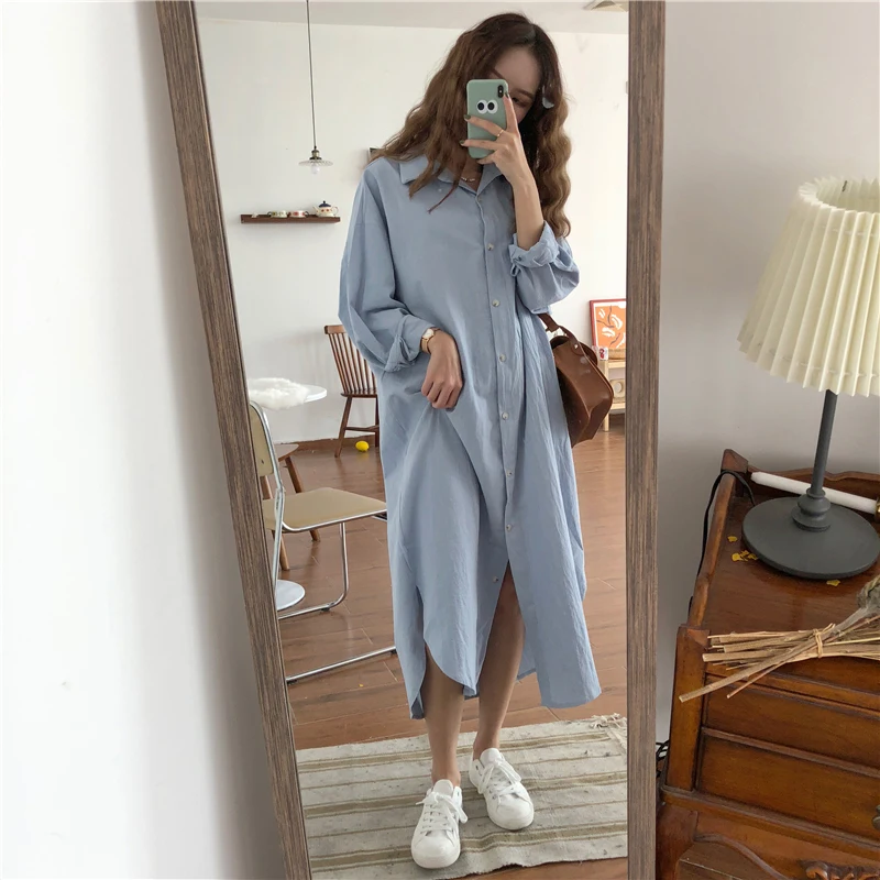 

Side Slit Solid Color Simple Fashion Shirt Dress Long Spring Robe Longue Vestido Largo Vestiti Lunga