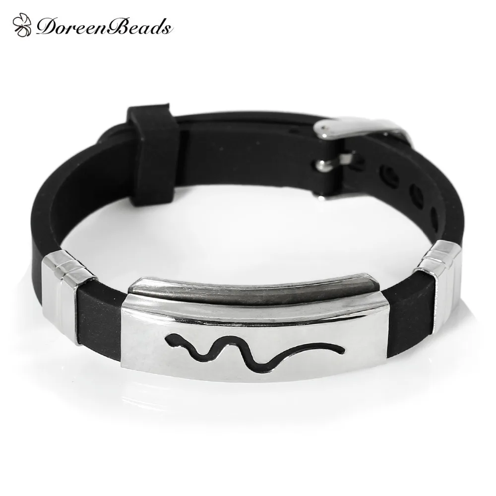 DoreenBeads Men Jewelry Stainless Steel Silicone Rubber Slippy Strip Bracelets Bangle Silver Tone Black carved 22.7cm,1 Piece