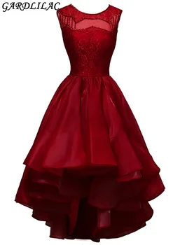 

2016 New stain Red High/Low Red prom dress with beading applique sleeveless dress for prom evening party