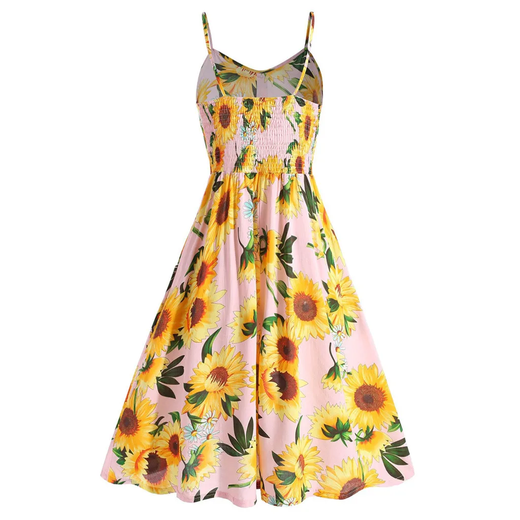 

KLV 2019 Women Sexy Sunflower Printing Pocket Button Off Shoulder Sleeveless Dress free shipping D4