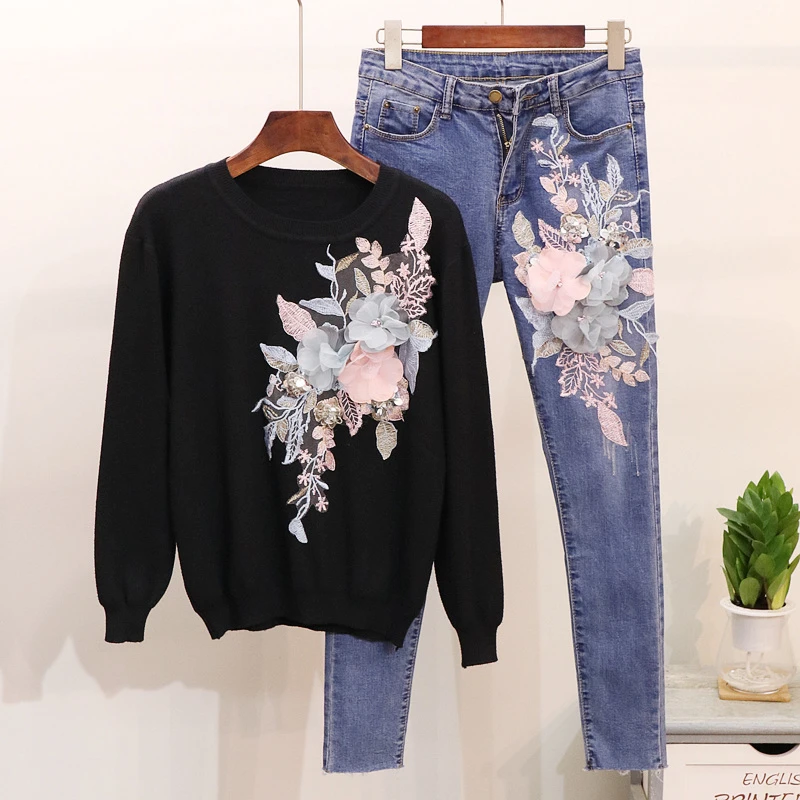 3 Pantalon Ensembles De 1 Dame Costume 2 Jeans Brodé Tricoté Paillettes Nouveau Automne Blouses Denim Deux Chandail 2019 Fleurs Femme pièce Femmes Una1C