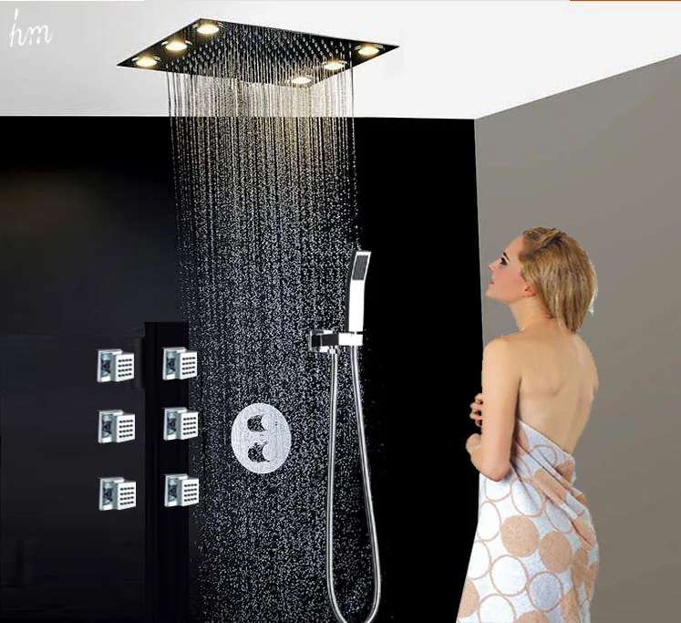 

Bathroom Accessories Shower LED Multi Color Remote Control Electric Shower Recessed Ceiling Thermostatic Shower Mixer Set