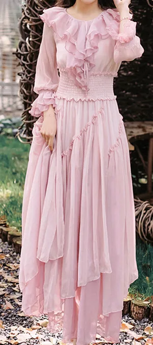 HANZANGL Розовое Шифоновое платье весна осень женские темпераментные нерегулярные гофрированные повседневные винтажные Длинные вечерние платья - Цвет: Розовый