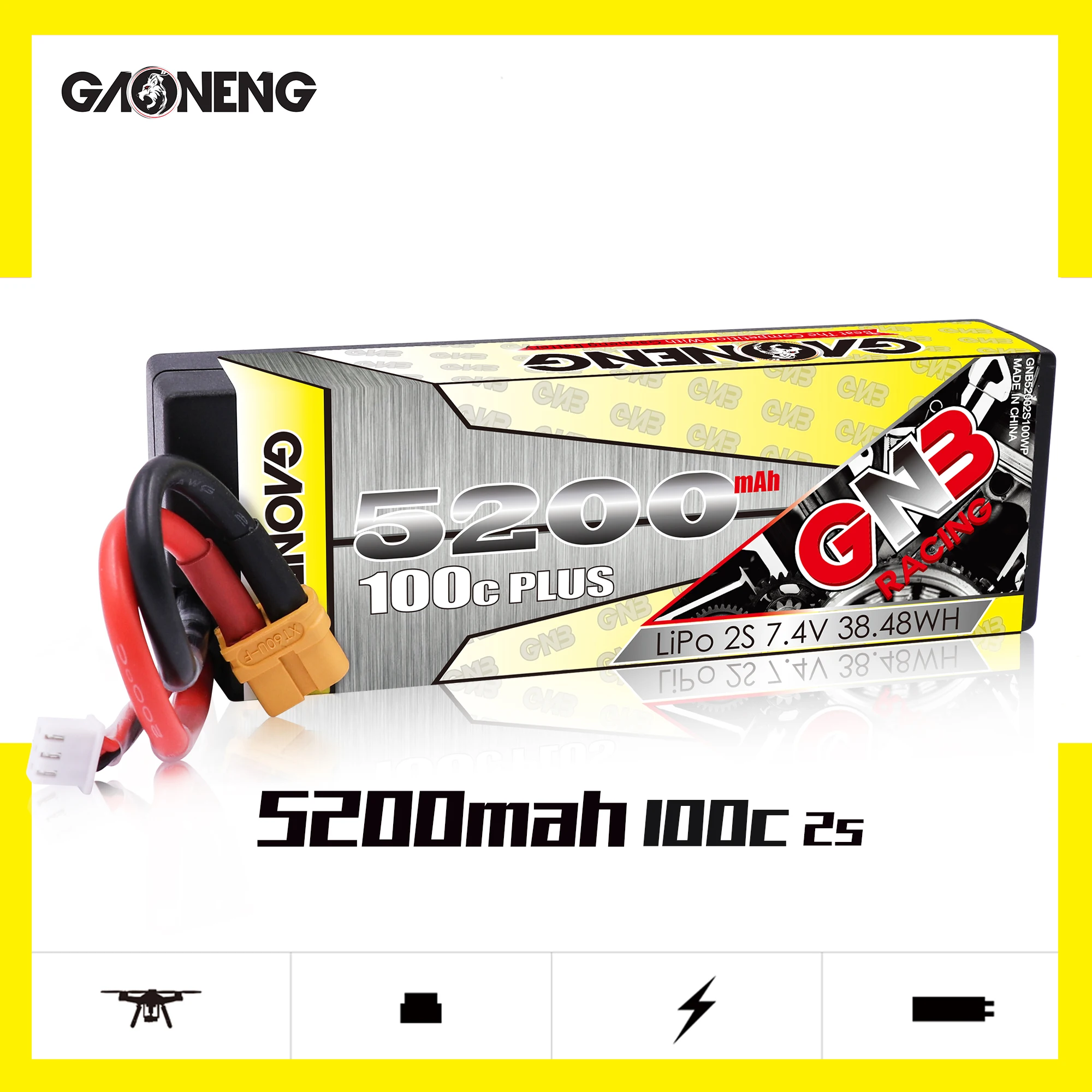 Gaoneng GNB 5200 mAh 2 S 7,4 V 100C/200C 38.48WH Hardcase LiPo аккумулятор с штепсельной вилкой для 1:10 1/10 RC автомобиль Лодка