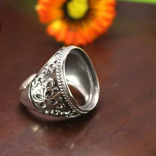 

Art Nouveau Semi Mount Engagement Ring 925 Sterling Silver 16x20mm Oval Cabochon Amber Agate Turquiose Gemstone Setting