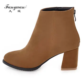 

Fanyuan Brand size 34-45 Western Boots Women Shoes Woman Zip Up Square Med Heel Autumn Winter Ankle Boots Winter Lady shoes