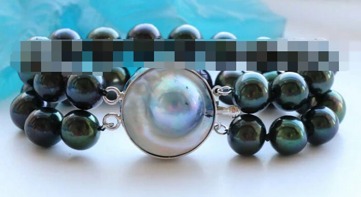 

001628 8" genuine Double Natural 11-12mm Black Round Pearl bracelet mabe clasp