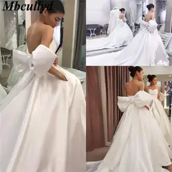 Mbcullyd великолепные Милое Свадебное платье для женщин 2019 Роскошные атласные лук Часовня свадебное платье с длинным подолом Лидер продаж Vestido