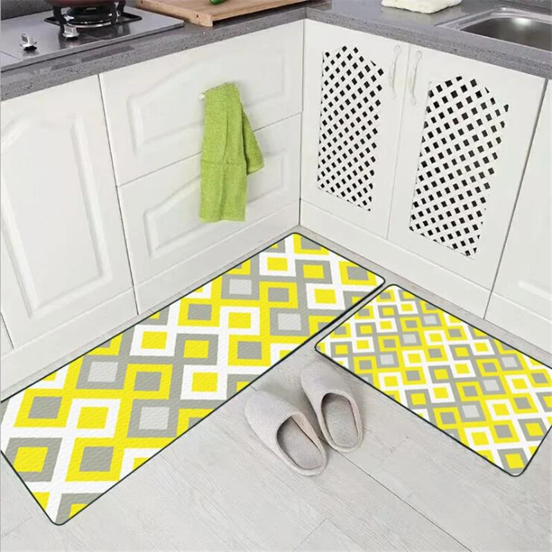 

Nordic Geometric Bright Yellow Gray Plaid Fashion Kitchen Mat Entry Mat Anti-Slip Mat Bedroom Bedside Blanket Carpet Bedroom Rug